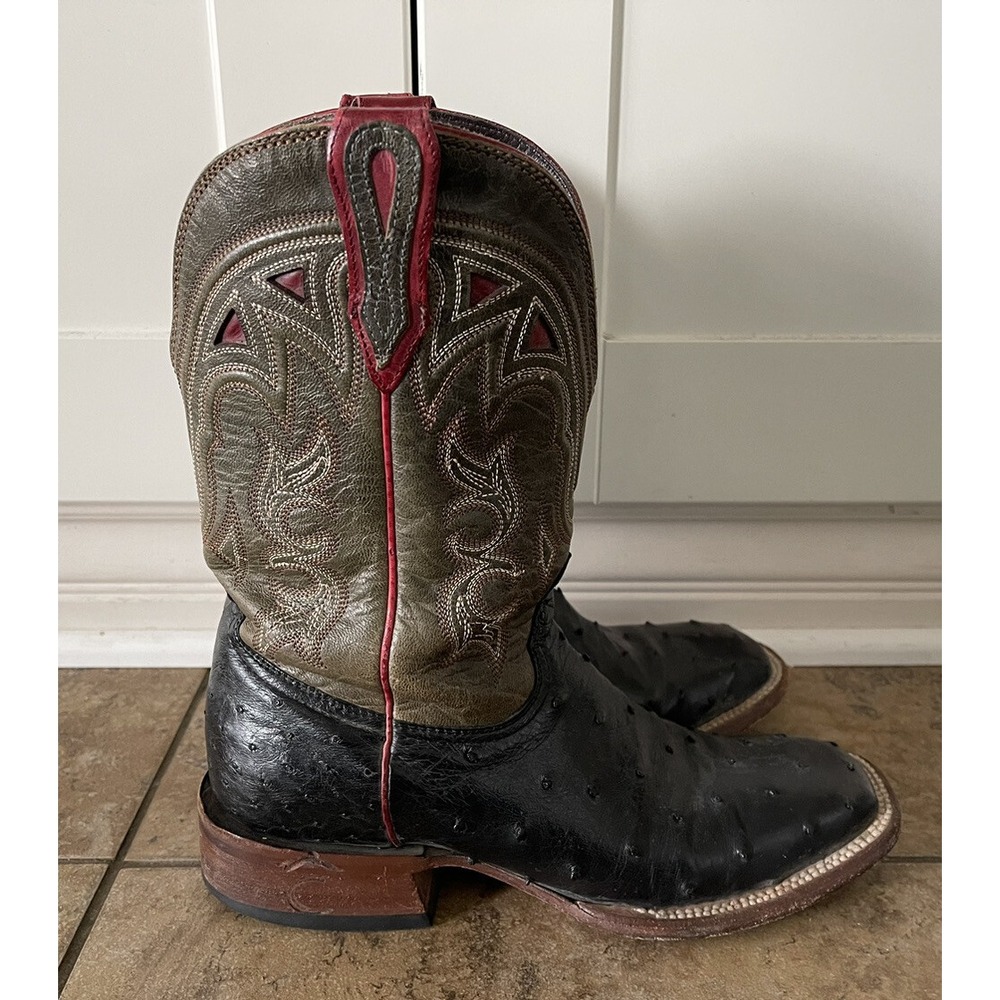John B Stetson Handmade Ostrich Leather Square Toe Cowboy Boots Men Sz 8B